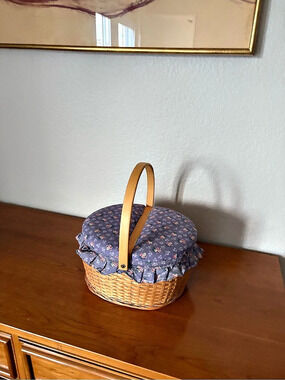 Vintage Sewing Wicker Basket Bag in Blue & Brown